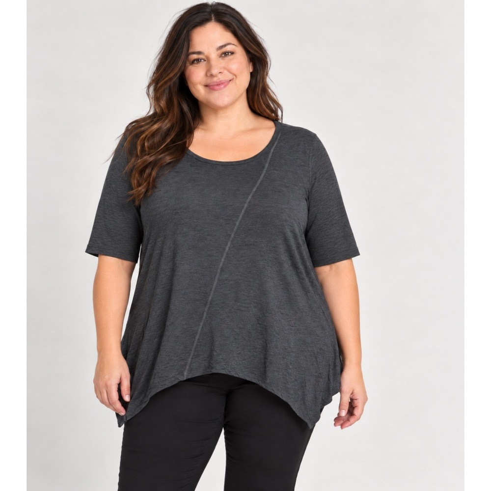 Eileen Fisher Woman 2X Charcoal Silk Cotton Asymmetrical Hem 1/2 Sleeve Top